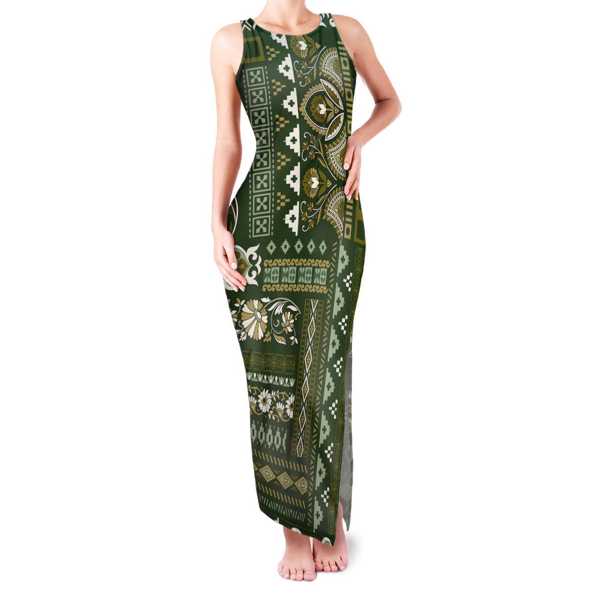 Persian Patchwork Pattern Family Matching Tank Maxi Dress and Hawaiian Shirt Unique Green - Wonder Print Shop