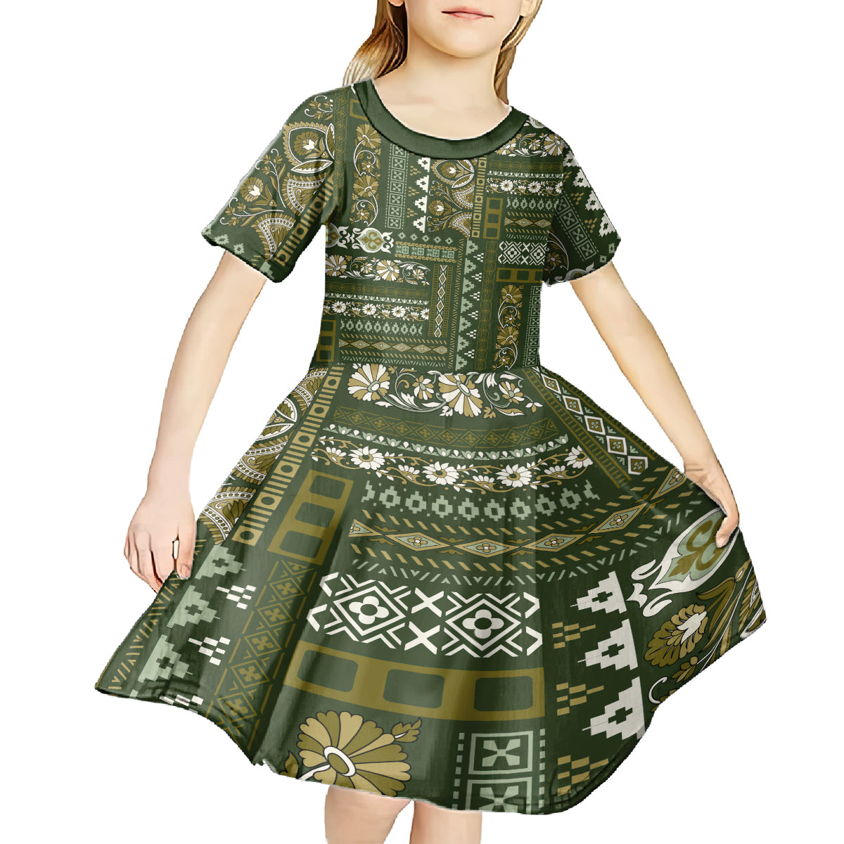 Persian Patchwork Pattern Kid Short Sleeve Dress Unique Green - Wonder Print Shop