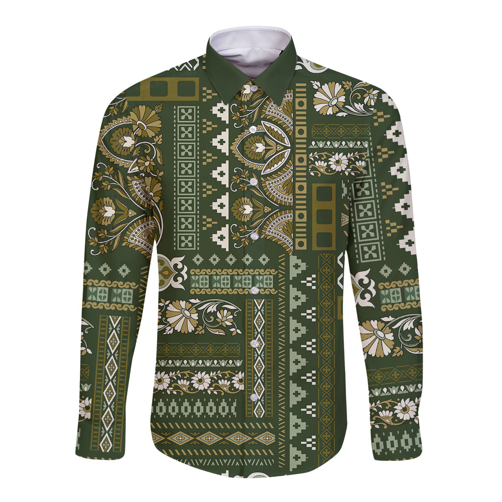 Persian Patchwork Pattern Long Sleeve Button Shirt Unique Green - Wonder Print Shop