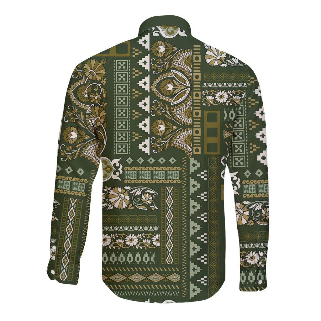Persian Patchwork Pattern Long Sleeve Button Shirt Unique Green - Wonder Print Shop