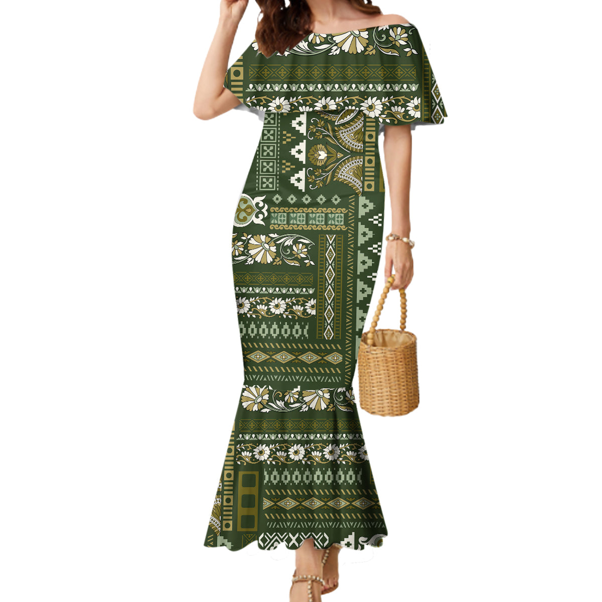 Persian Patchwork Pattern Mermaid Dress Unique Green - Wonder Print Shop