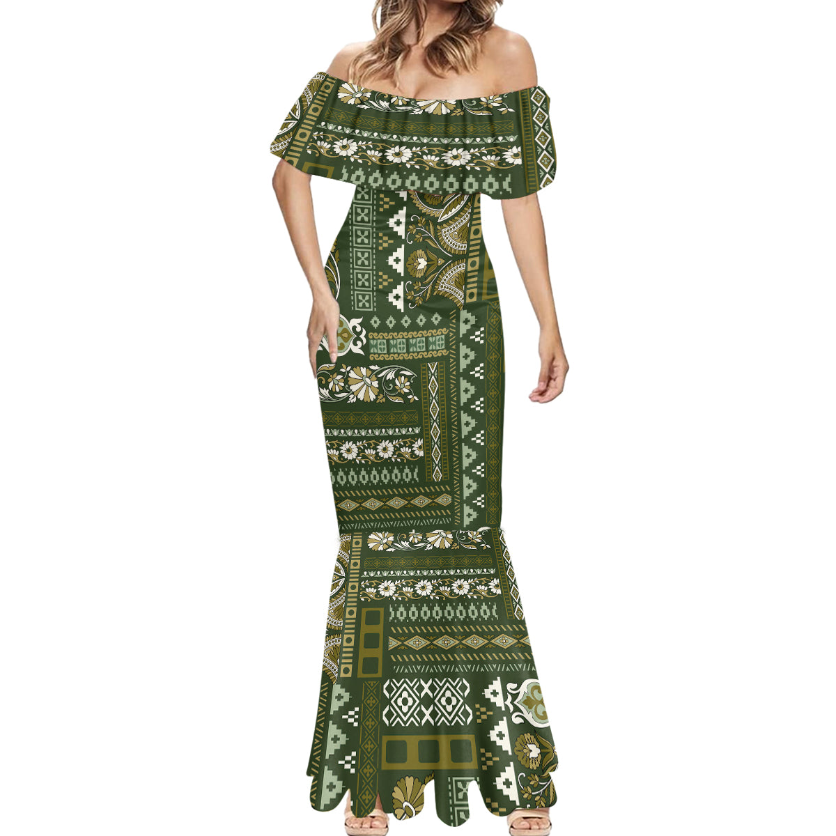 Persian Patchwork Pattern Mermaid Dress Unique Green - Wonder Print Shop