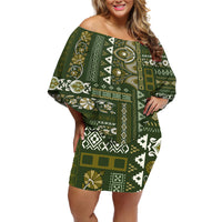 Persian Patchwork Pattern Off Shoulder Short Dress Unique Green - Wonder Print Shop