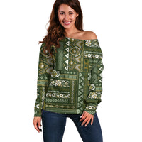Persian Patchwork Pattern Off Shoulder Sweater Unique Green - Wonder Print Shop