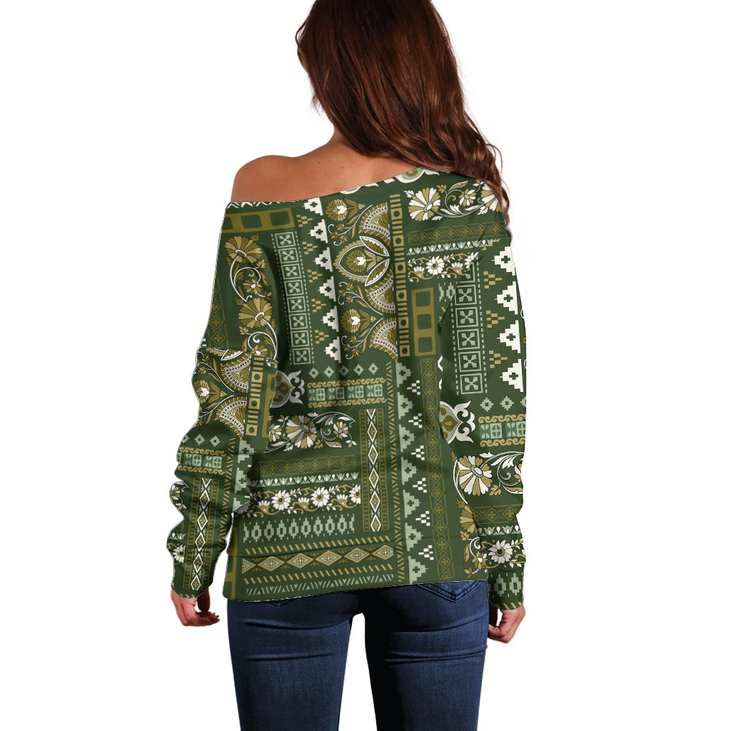 Persian Patchwork Pattern Off Shoulder Sweater Unique Green - Wonder Print Shop