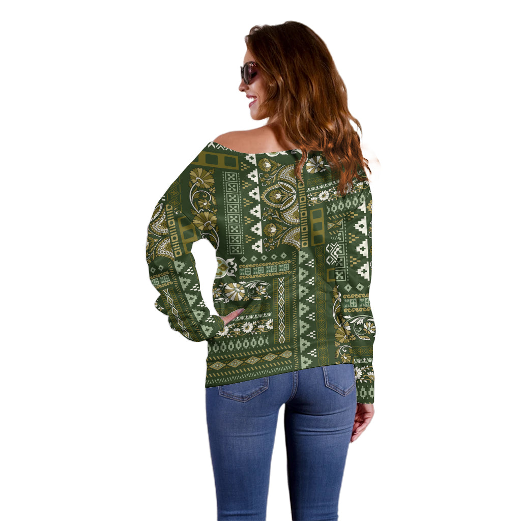Persian Patchwork Pattern Off Shoulder Sweater Unique Green - Wonder Print Shop
