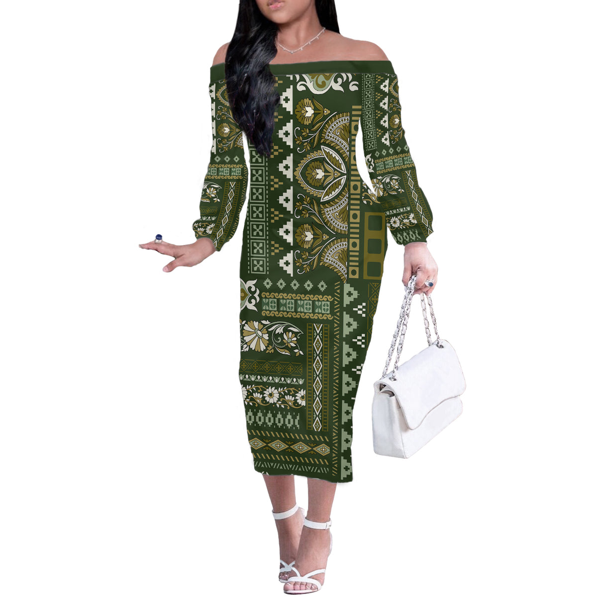Persian Patchwork Pattern Off The Shoulder Long Sleeve Dress Unique Green - Wonder Print Shop