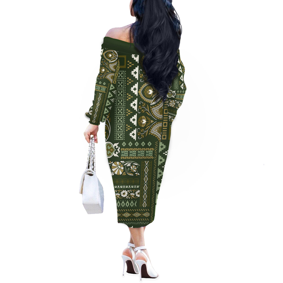 Persian Patchwork Pattern Off The Shoulder Long Sleeve Dress Unique Green - Wonder Print Shop