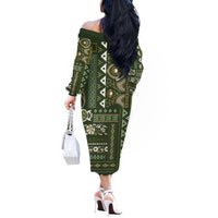 Persian Patchwork Pattern Off The Shoulder Long Sleeve Dress Unique Green - Wonder Print Shop