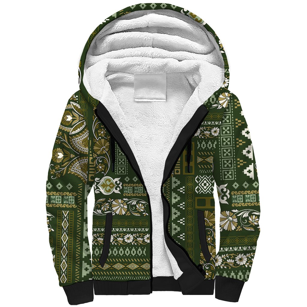 Persian Patchwork Pattern Sherpa Hoodie Unique Green - Wonder Print Shop