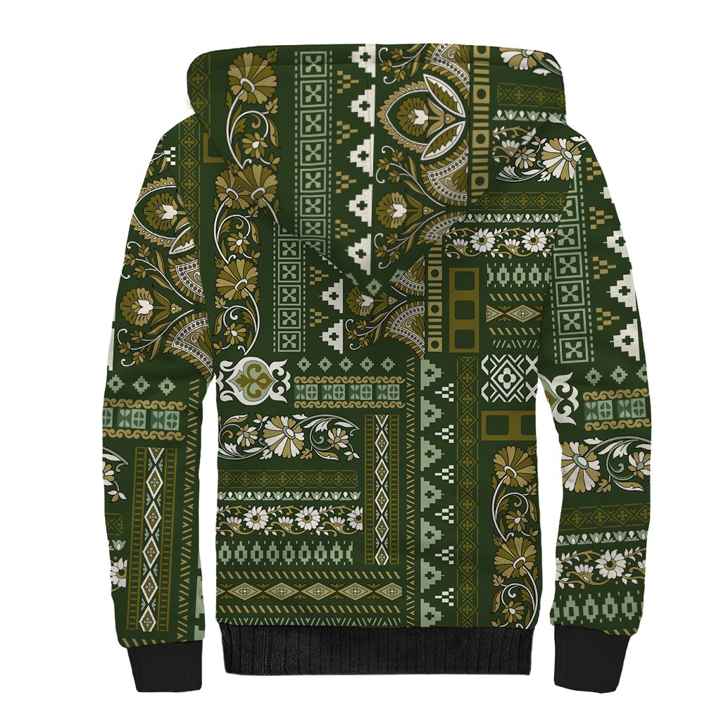 Persian Patchwork Pattern Sherpa Hoodie Unique Green - Wonder Print Shop