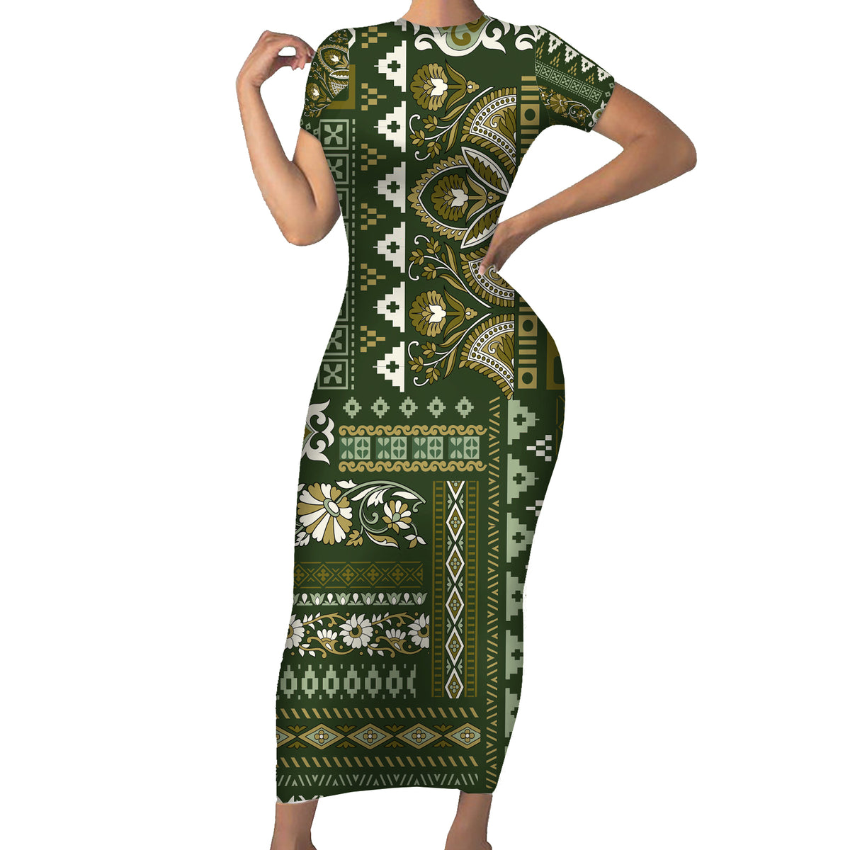Persian Patchwork Pattern Short Sleeve Bodycon Dress Unique Green - Wonder Print Shop