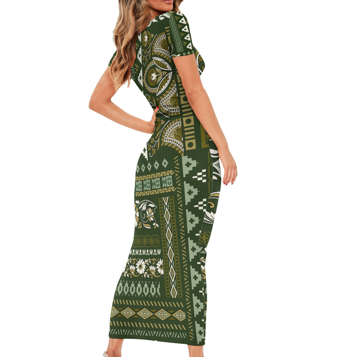 Persian Patchwork Pattern Short Sleeve Bodycon Dress Unique Green - Wonder Print Shop