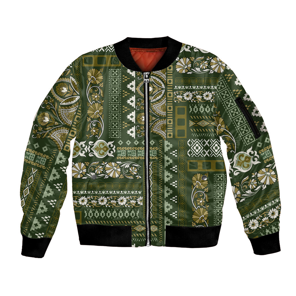 Persian Patchwork Pattern Sleeve Zip Bomber Jacket Unique Green - Wonder Print Shop
