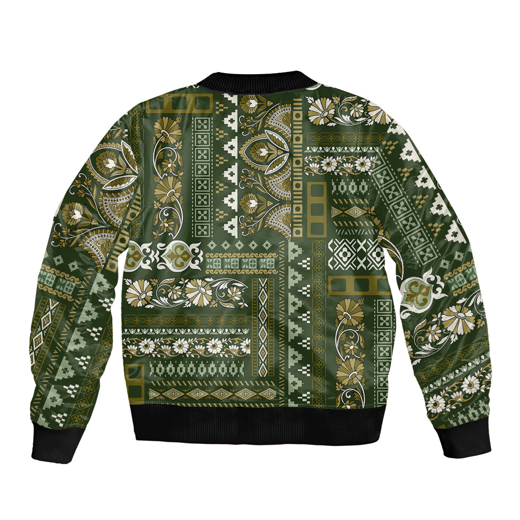 Persian Patchwork Pattern Sleeve Zip Bomber Jacket Unique Green - Wonder Print Shop