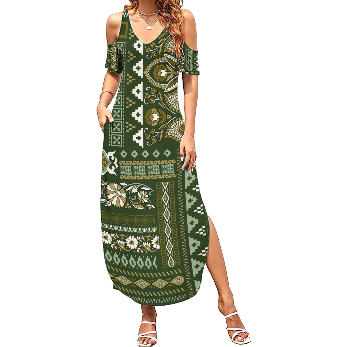 Persian Patchwork Pattern Summer Maxi Dress Unique Green - Wonder Print Shop