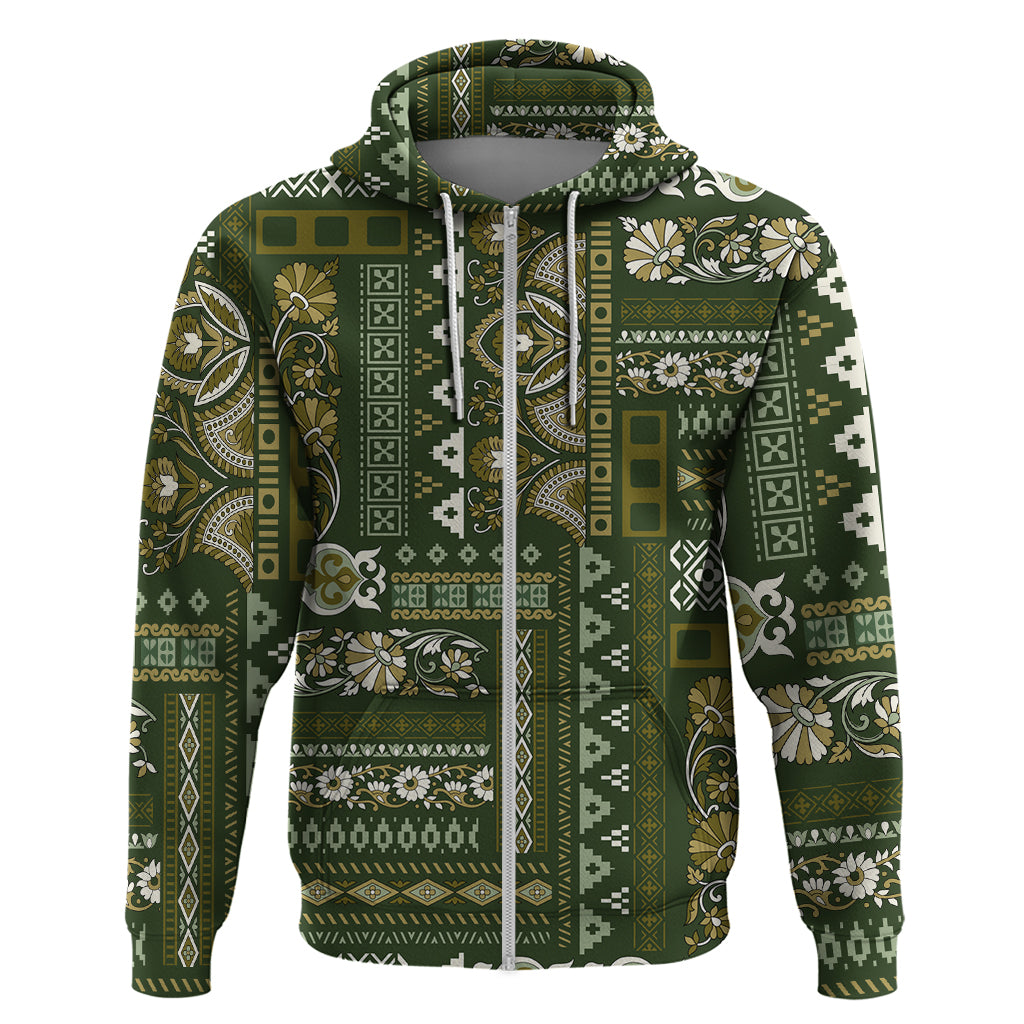 Persian Patchwork Pattern Zip Hoodie Unique Green - Wonder Print Shop