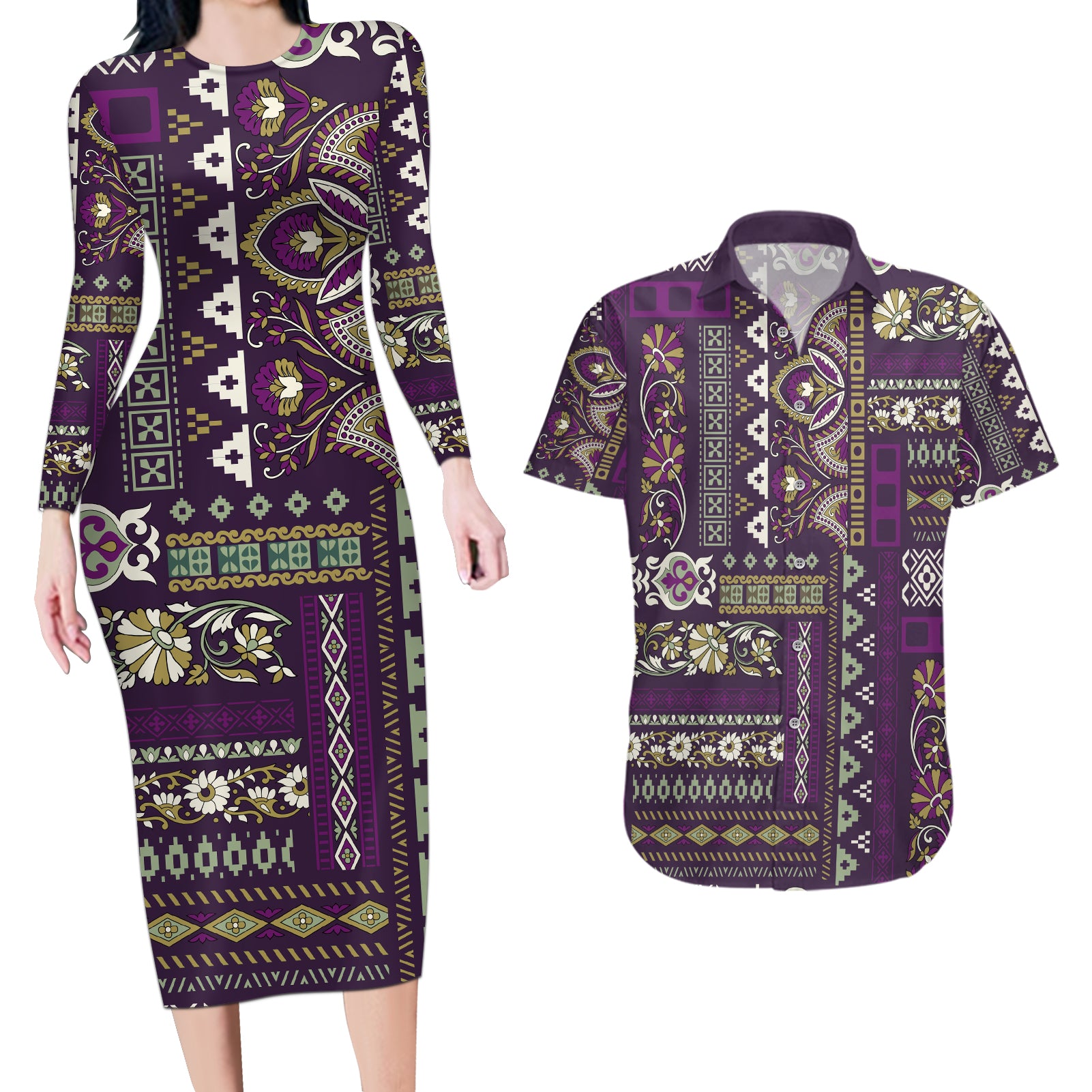 Persian Patchwork Pattern Couples Matching Long Sleeve Bodycon Dress and Hawaiian Shirt Unique Purple - Wonder Print Shop