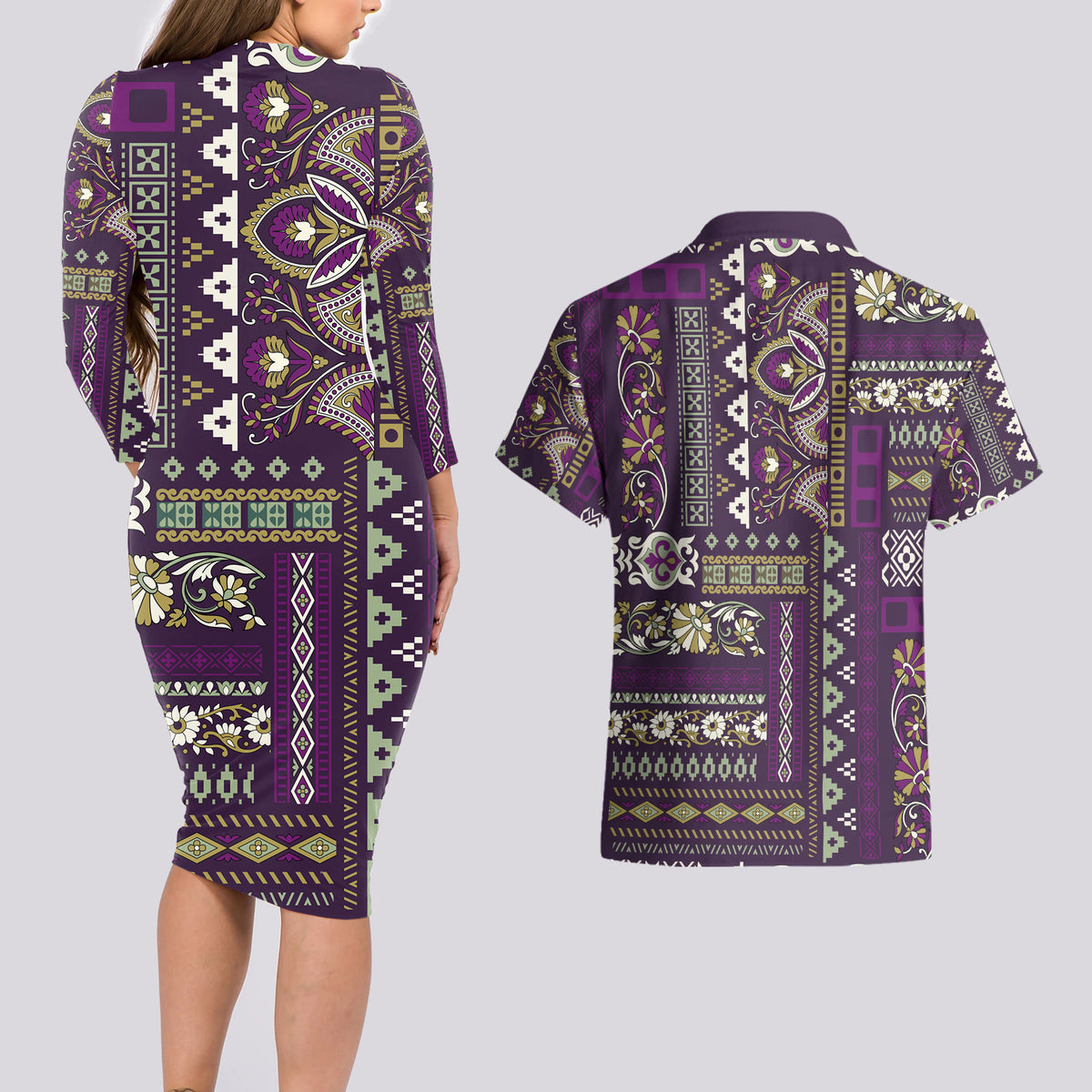 Persian Patchwork Pattern Couples Matching Long Sleeve Bodycon Dress and Hawaiian Shirt Unique Purple - Wonder Print Shop