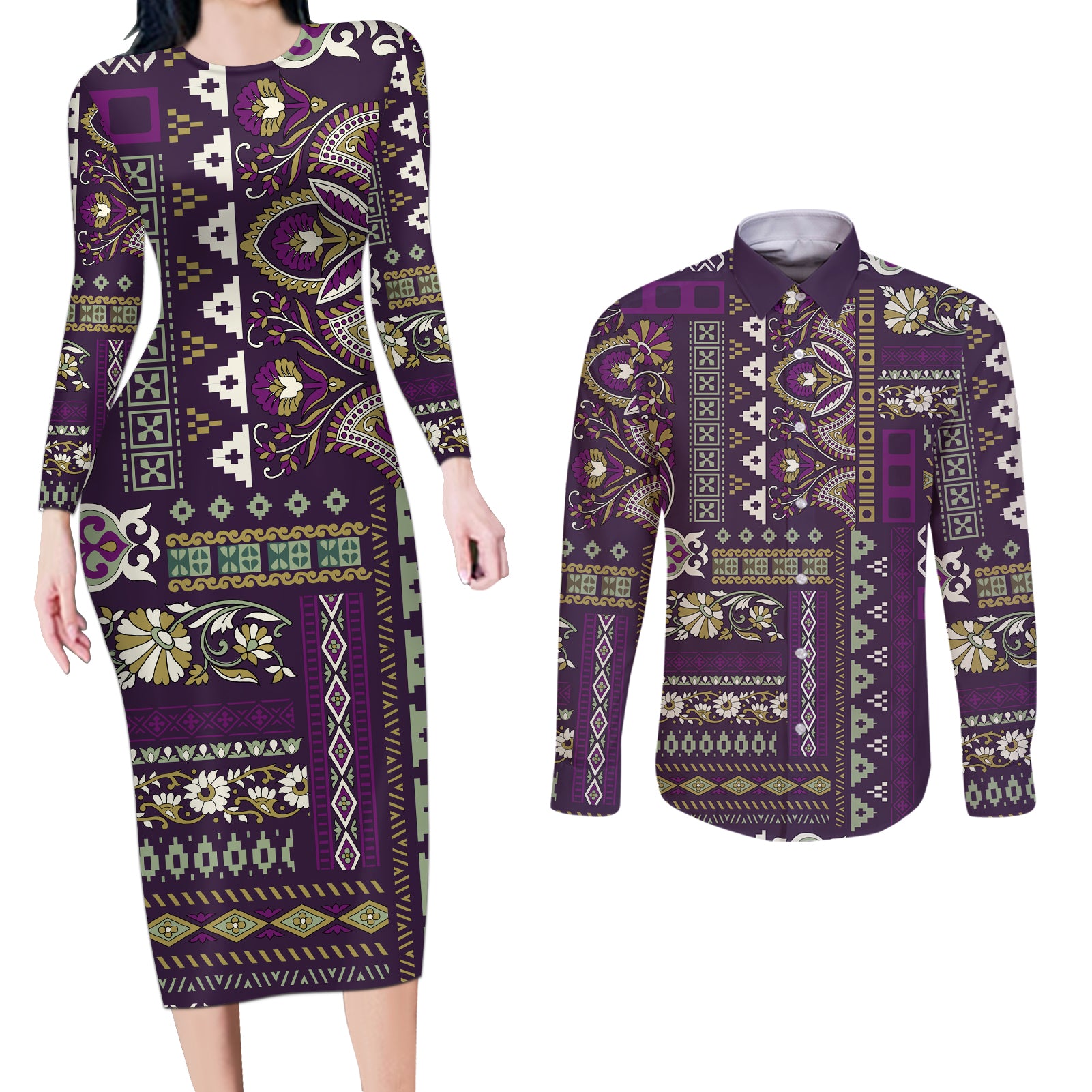 Persian Patchwork Pattern Couples Matching Long Sleeve Bodycon Dress and Long Sleeve Button Shirt Unique Purple - Wonder Print Shop