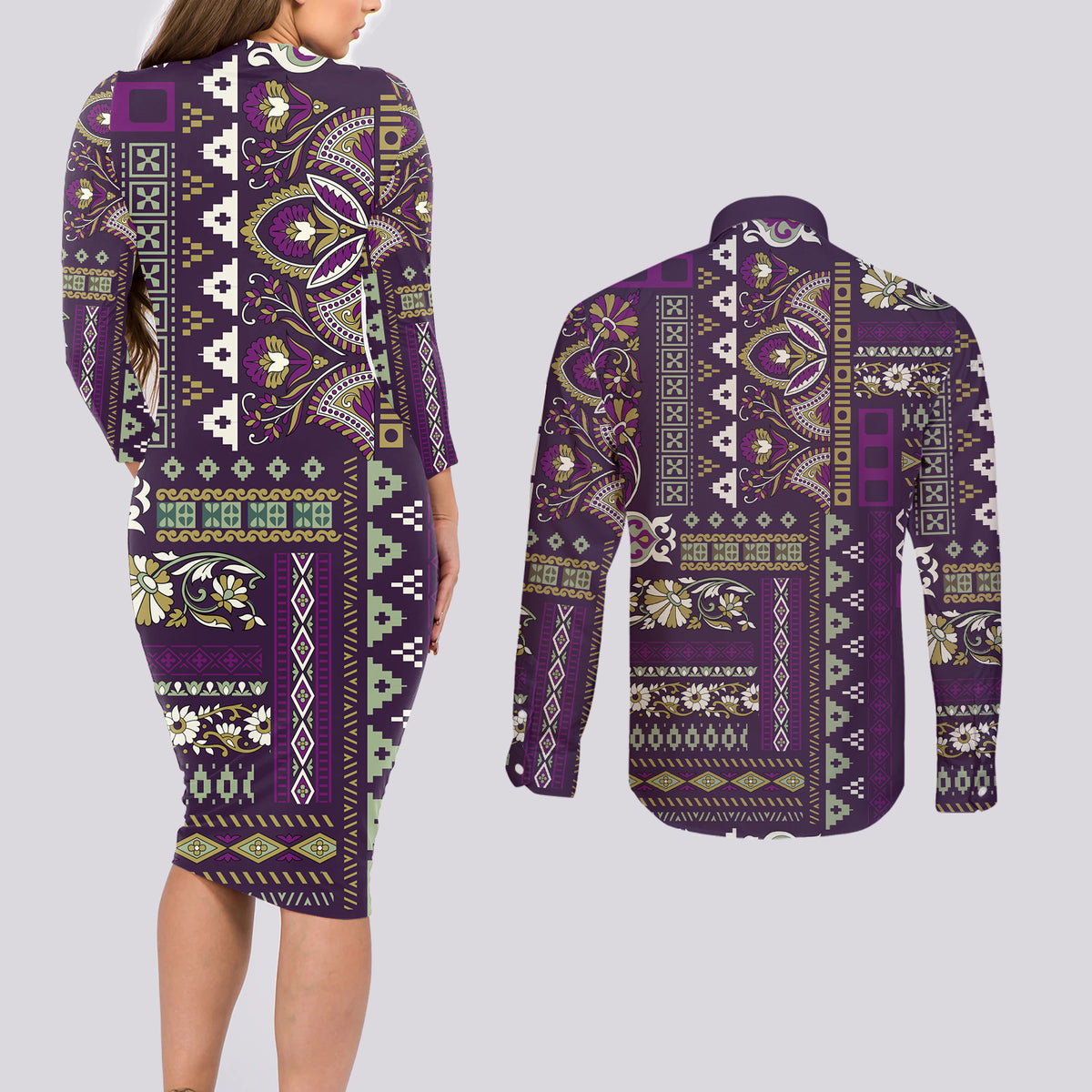 Persian Patchwork Pattern Couples Matching Long Sleeve Bodycon Dress and Long Sleeve Button Shirt Unique Purple - Wonder Print Shop