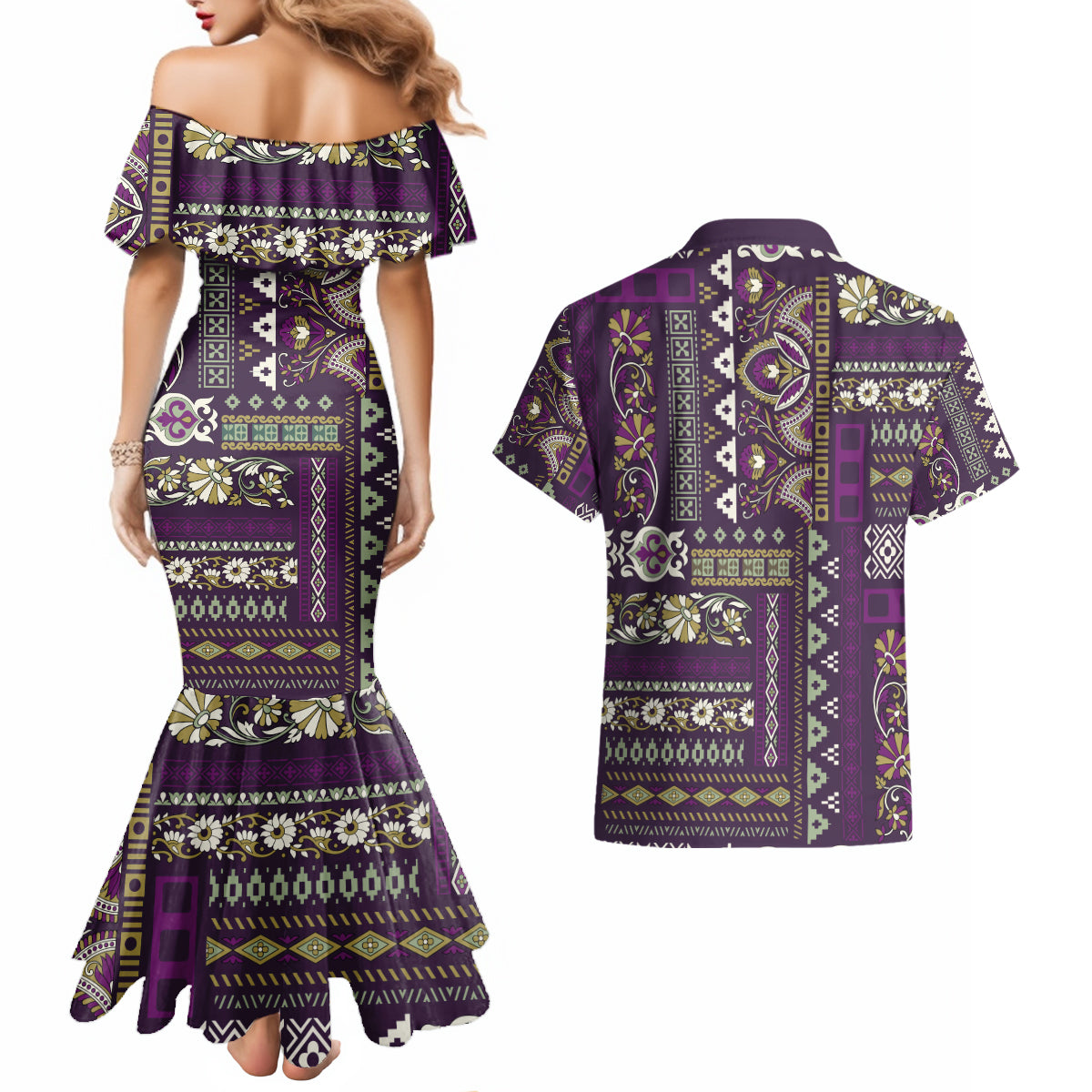Persian Patchwork Pattern Couples Matching Mermaid Dress and Hawaiian Shirt Unique Purple - Wonder Print Shop