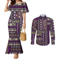 Persian Patchwork Pattern Couples Matching Mermaid Dress and Long Sleeve Button Shirt Unique Purple