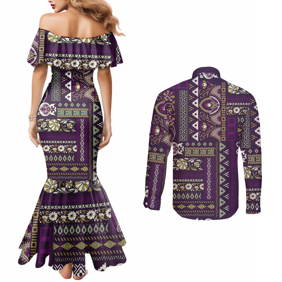 Persian Patchwork Pattern Couples Matching Mermaid Dress and Long Sleeve Button Shirt Unique Purple