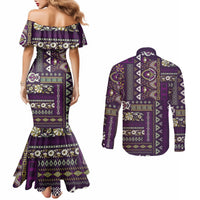Persian Patchwork Pattern Couples Matching Mermaid Dress and Long Sleeve Button Shirt Unique Purple