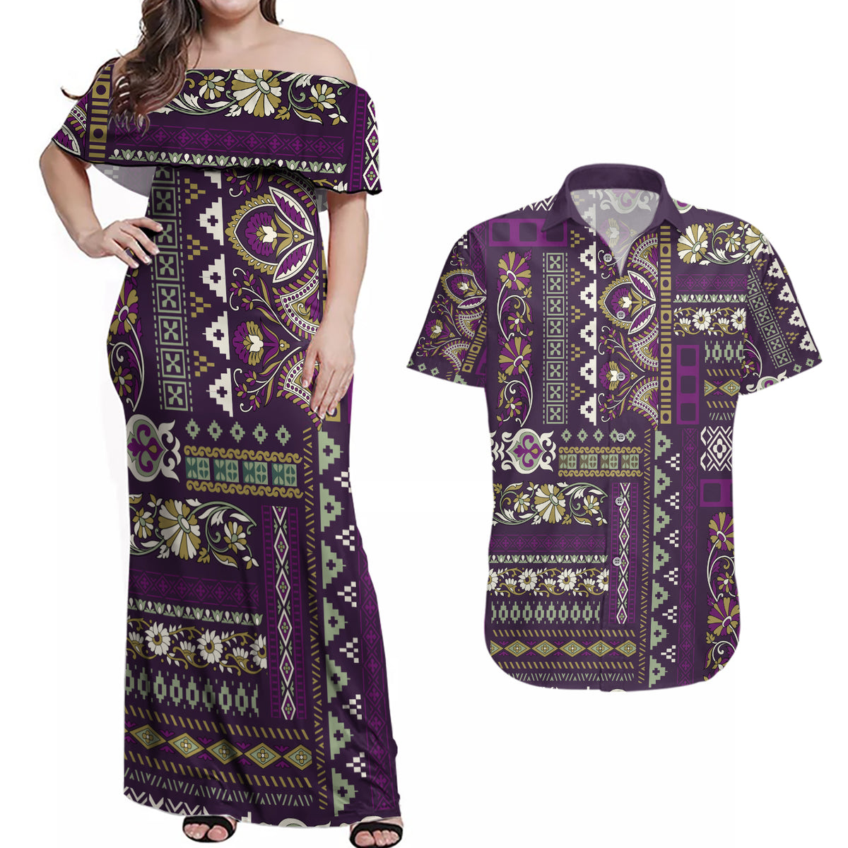 Persian Patchwork Pattern Couples Matching Off Shoulder Maxi Dress and Hawaiian Shirt Unique Purple - Wonder Print Shop