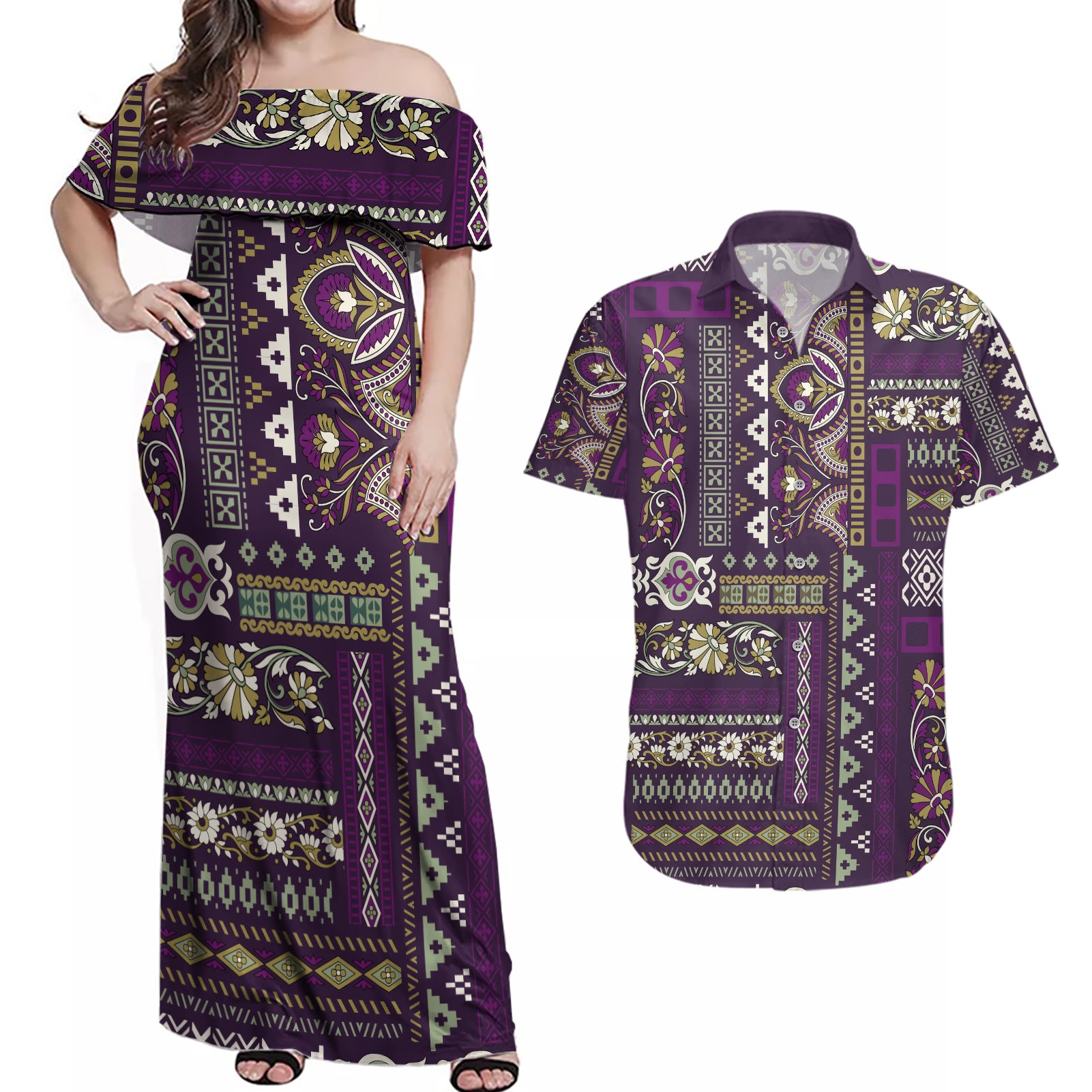 Persian Patchwork Pattern Couples Matching Off Shoulder Maxi Dress and Hawaiian Shirt Unique Purple - Wonder Print Shop