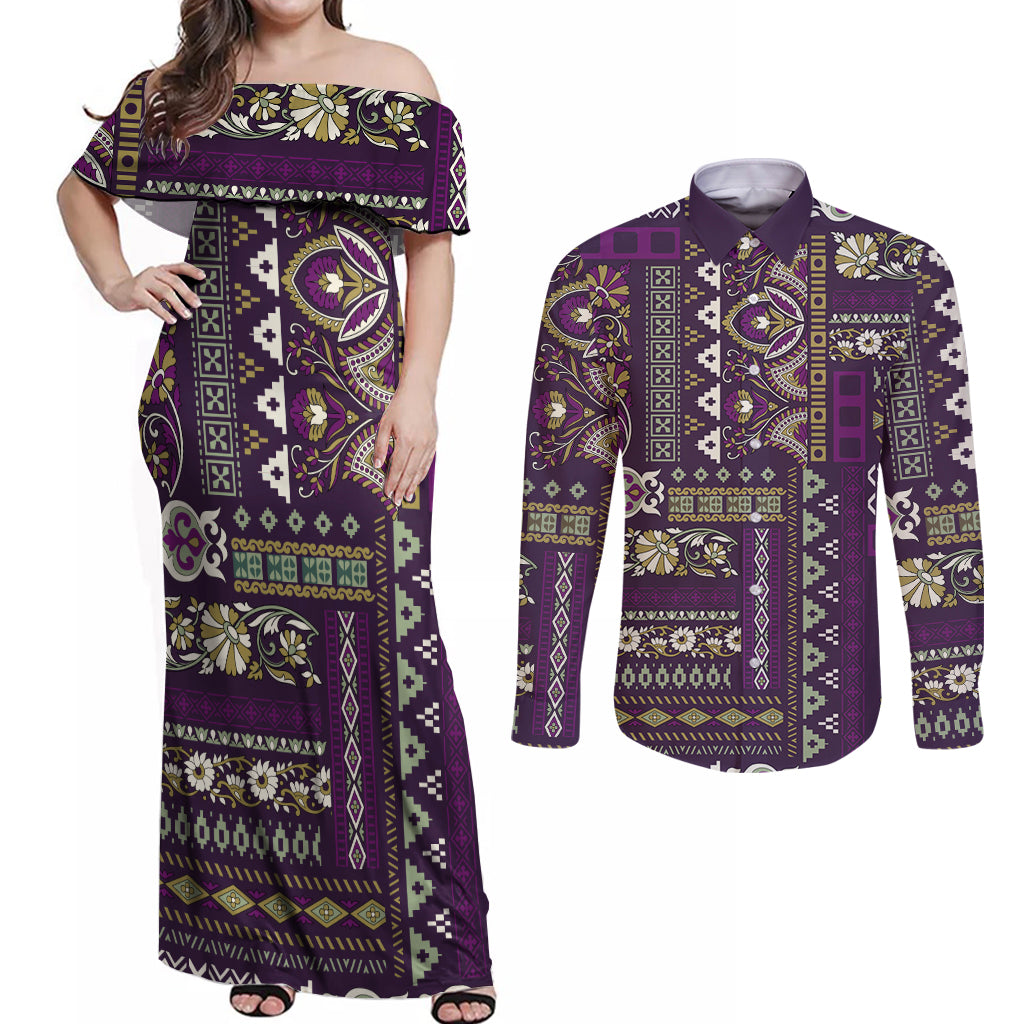 Persian Patchwork Pattern Couples Matching Off Shoulder Maxi Dress and Long Sleeve Button Shirt Unique Purple - Wonder Print Shop