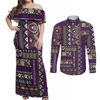 Persian Patchwork Pattern Couples Matching Off Shoulder Maxi Dress and Long Sleeve Button Shirt Unique Purple - Wonder Print Shop