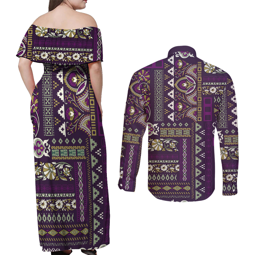Persian Patchwork Pattern Couples Matching Off Shoulder Maxi Dress and Long Sleeve Button Shirt Unique Purple - Wonder Print Shop