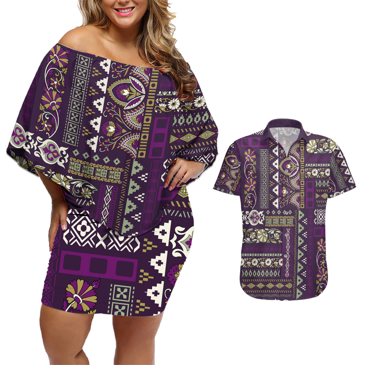 Persian Patchwork Pattern Couples Matching Off Shoulder Short Dress and Hawaiian Shirt Unique Purple - Wonder Print Shop