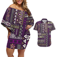 Persian Patchwork Pattern Couples Matching Off Shoulder Short Dress and Hawaiian Shirt Unique Purple - Wonder Print Shop