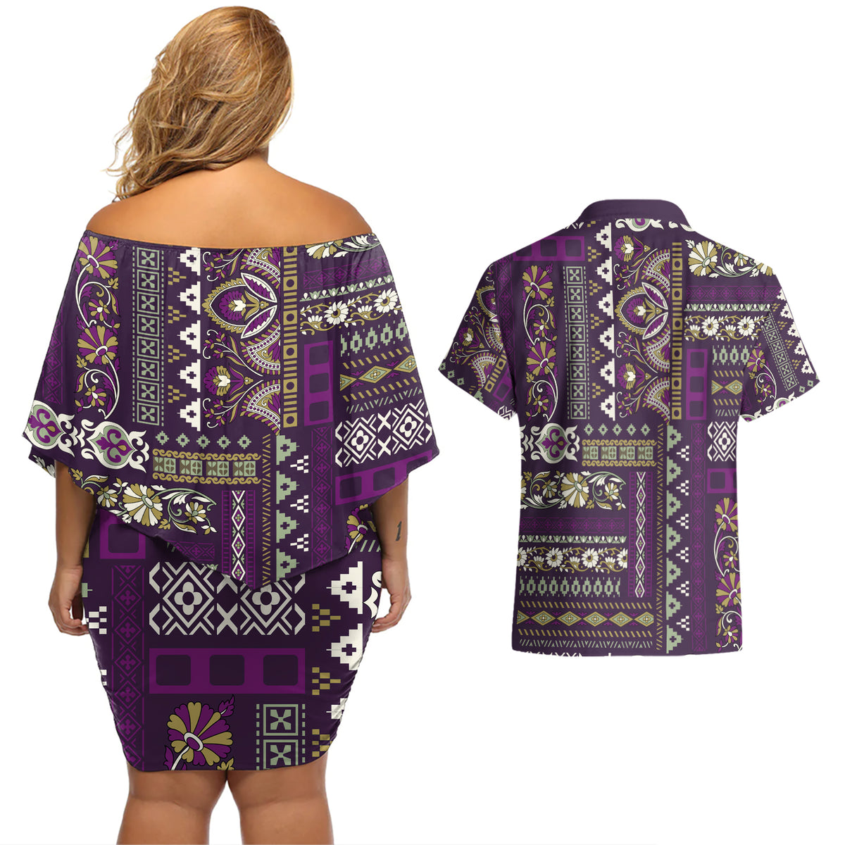 Persian Patchwork Pattern Couples Matching Off Shoulder Short Dress and Hawaiian Shirt Unique Purple - Wonder Print Shop