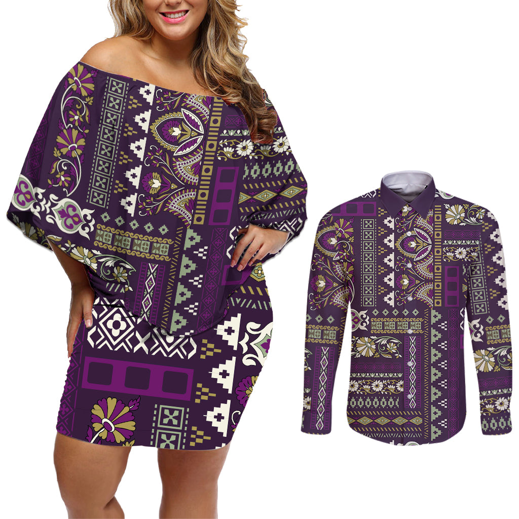 Persian Patchwork Pattern Couples Matching Off Shoulder Short Dress and Long Sleeve Button Shirt Unique Purple - Wonder Print Shop