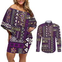Persian Patchwork Pattern Couples Matching Off Shoulder Short Dress and Long Sleeve Button Shirt Unique Purple - Wonder Print Shop