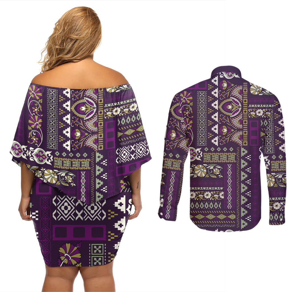 Persian Patchwork Pattern Couples Matching Off Shoulder Short Dress and Long Sleeve Button Shirt Unique Purple - Wonder Print Shop
