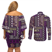 Persian Patchwork Pattern Couples Matching Off Shoulder Short Dress and Long Sleeve Button Shirt Unique Purple - Wonder Print Shop