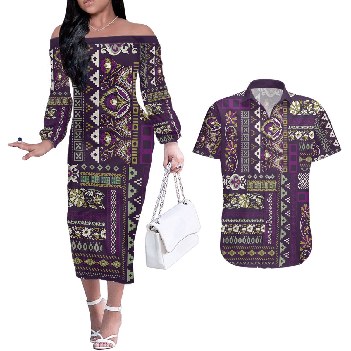 Persian Patchwork Pattern Couples Matching Off The Shoulder Long Sleeve Dress and Hawaiian Shirt Unique Purple - Wonder Print Shop