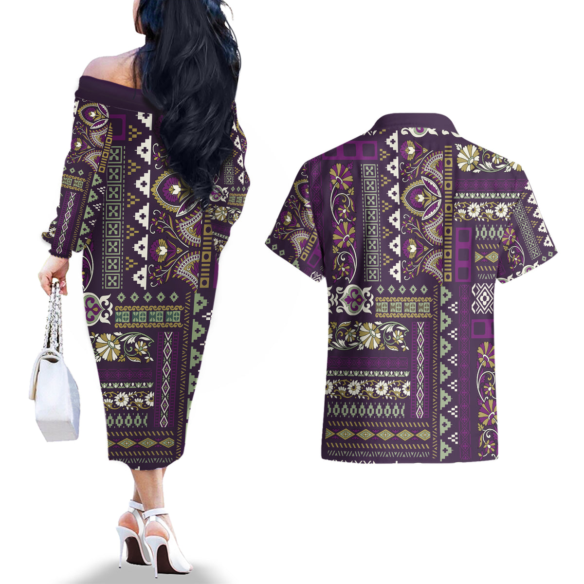 Persian Patchwork Pattern Couples Matching Off The Shoulder Long Sleeve Dress and Hawaiian Shirt Unique Purple - Wonder Print Shop