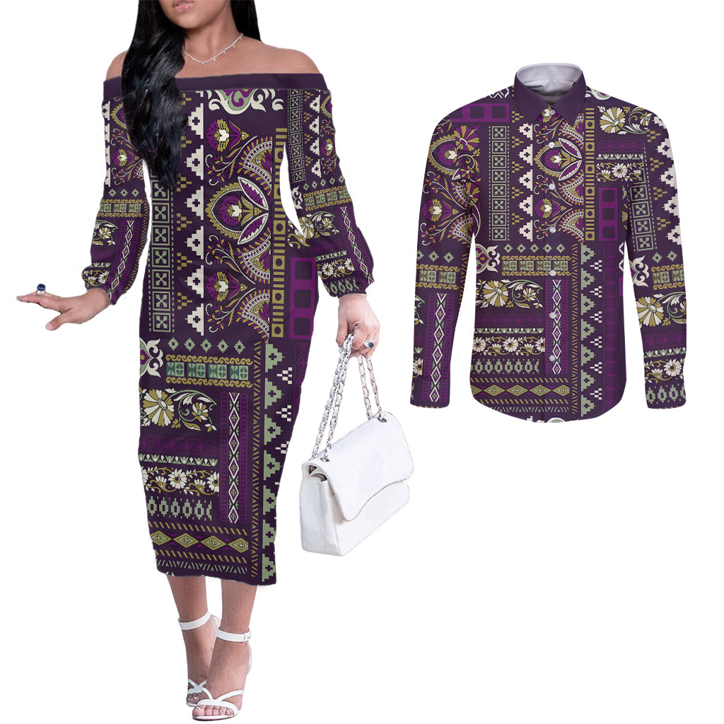Persian Patchwork Pattern Couples Matching Off The Shoulder Long Sleeve Dress and Long Sleeve Button Shirt Unique Purple