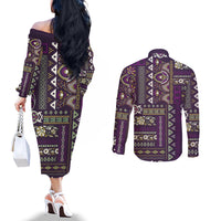 Persian Patchwork Pattern Couples Matching Off The Shoulder Long Sleeve Dress and Long Sleeve Button Shirt Unique Purple