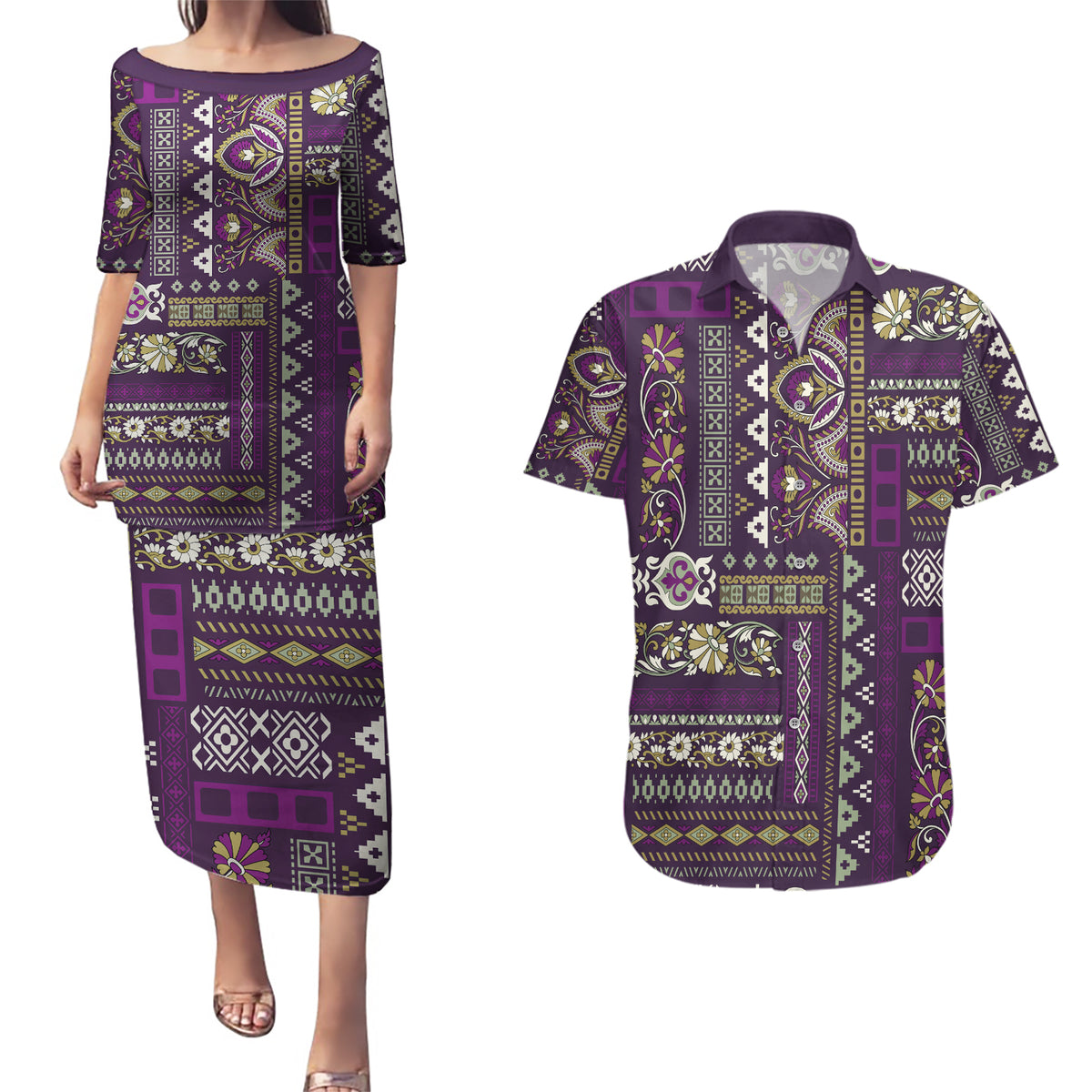 Persian Patchwork Pattern Couples Matching Puletasi and Hawaiian Shirt Unique Purple - Wonder Print Shop