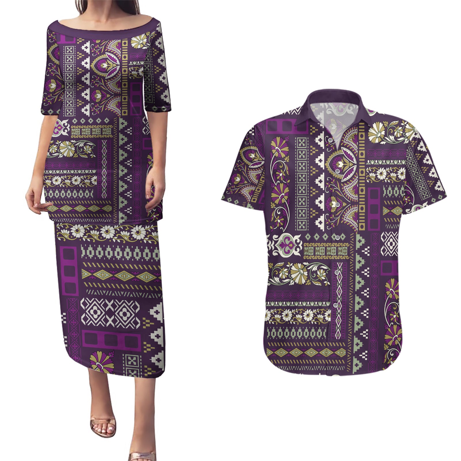 Persian Patchwork Pattern Couples Matching Puletasi and Hawaiian Shirt Unique Purple - Wonder Print Shop