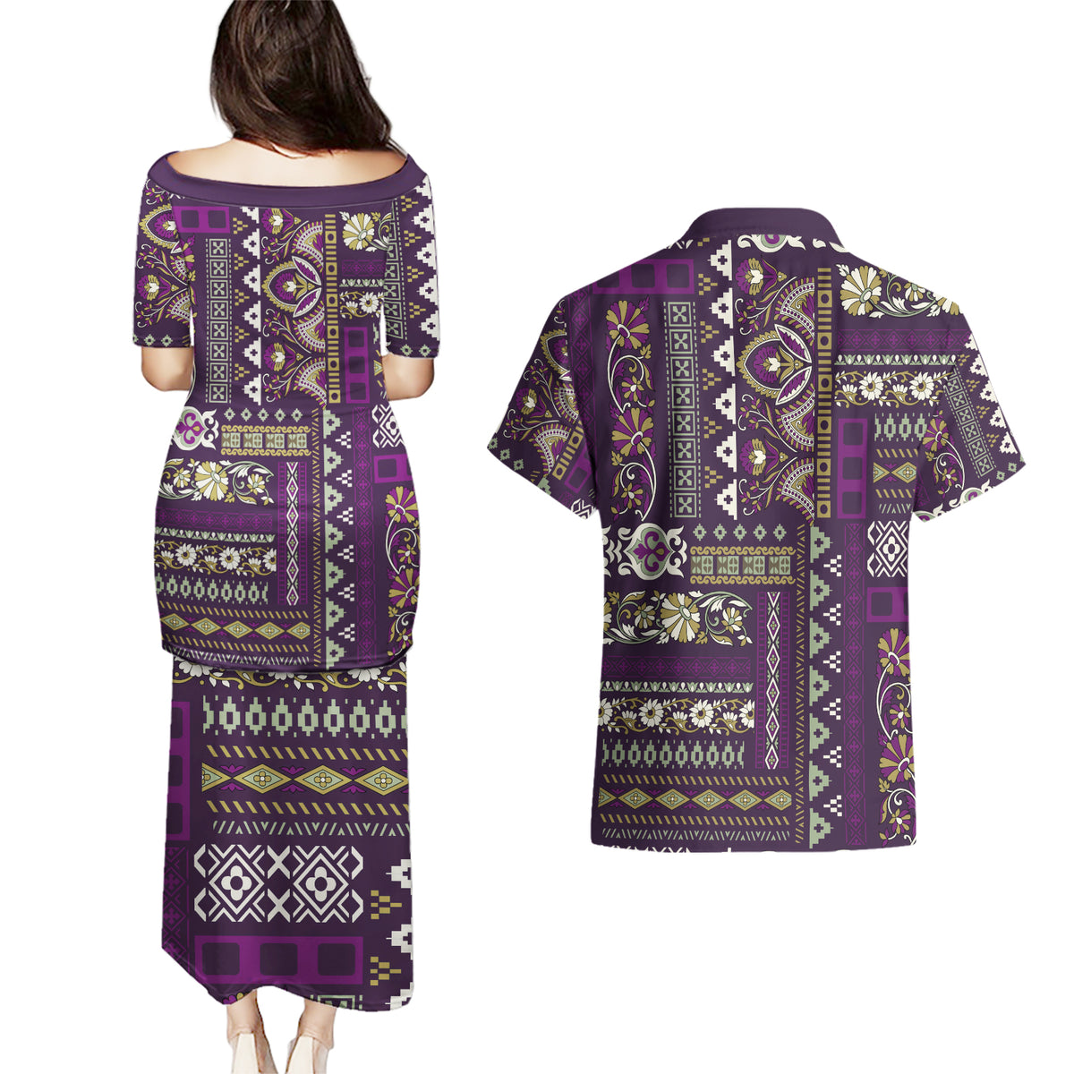 Persian Patchwork Pattern Couples Matching Puletasi and Hawaiian Shirt Unique Purple - Wonder Print Shop