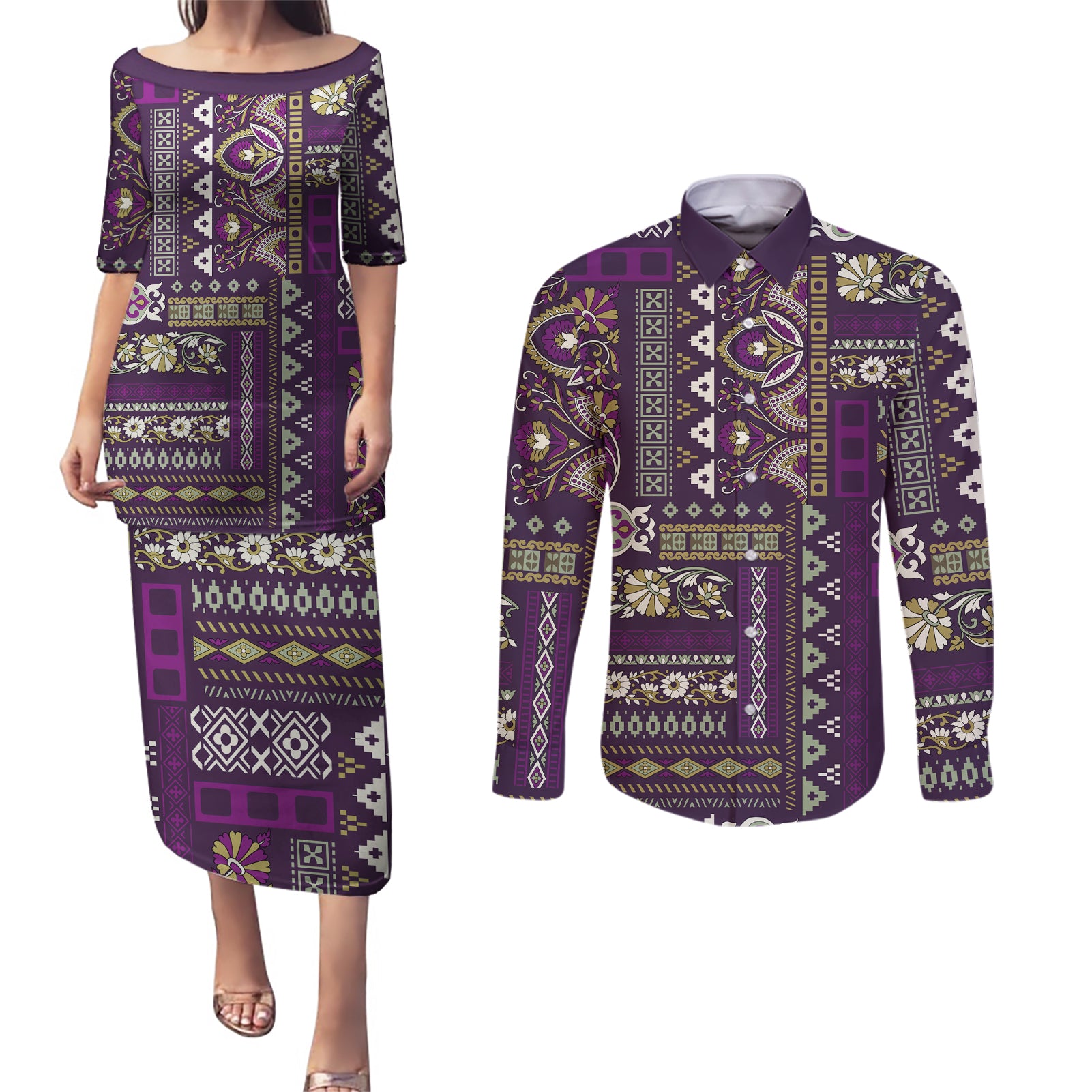 Persian Patchwork Pattern Couples Matching Puletasi and Long Sleeve Button Shirt Unique Purple - Wonder Print Shop