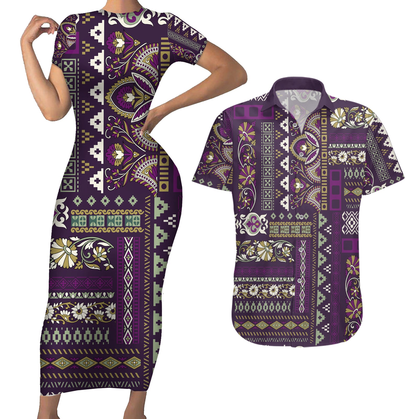Persian Patchwork Pattern Couples Matching Short Sleeve Bodycon Dress and Hawaiian Shirt Unique Purple - Wonder Print Shop